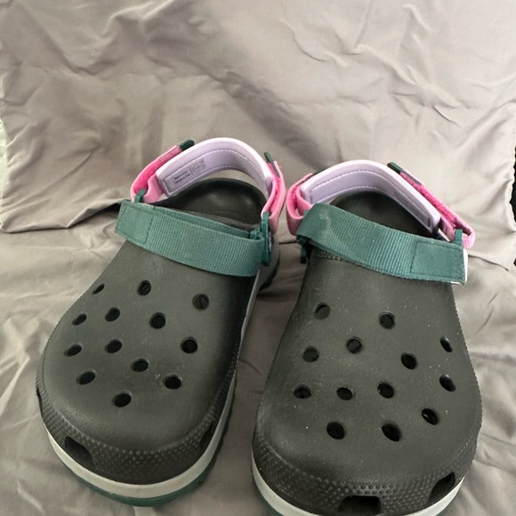 CROCS Shoes - CROCS Black Slip-On Clogs with Green Strap and Pink Lining